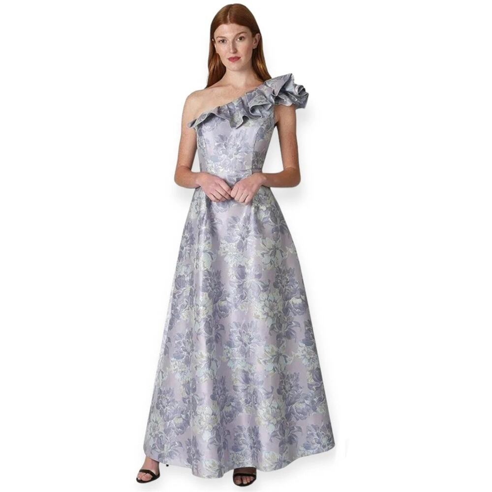 Marina One Shoulder Floral Jacquard Metallic Maxi Gown, NWT Sz 8